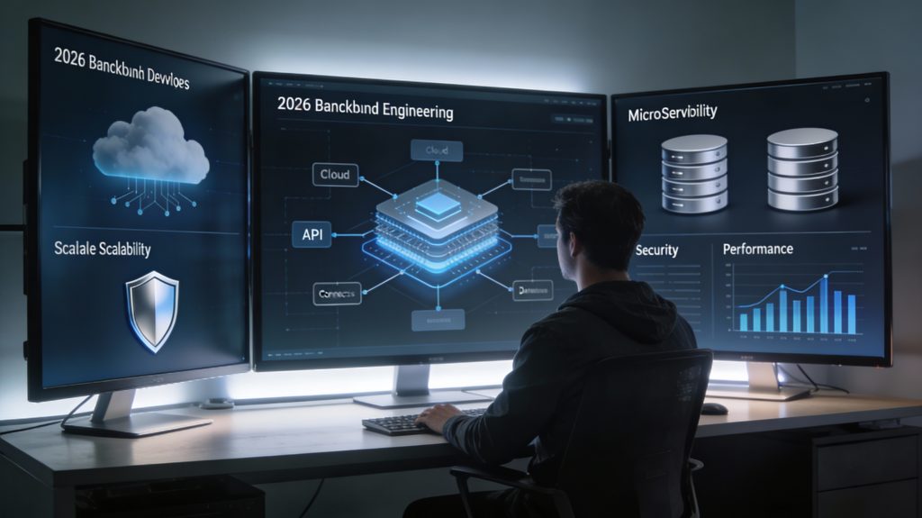 Backend engineer working at a desk with diagrams of cloud infrastructure, APIs, databases, and security layers on multiple screens