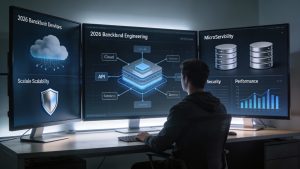 Backend engineer working at a desk with diagrams of cloud infrastructure, APIs, databases, and security layers on multiple screens