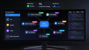 Developer dashboard showing interoperable web components integrated across multiple frontend frameworks