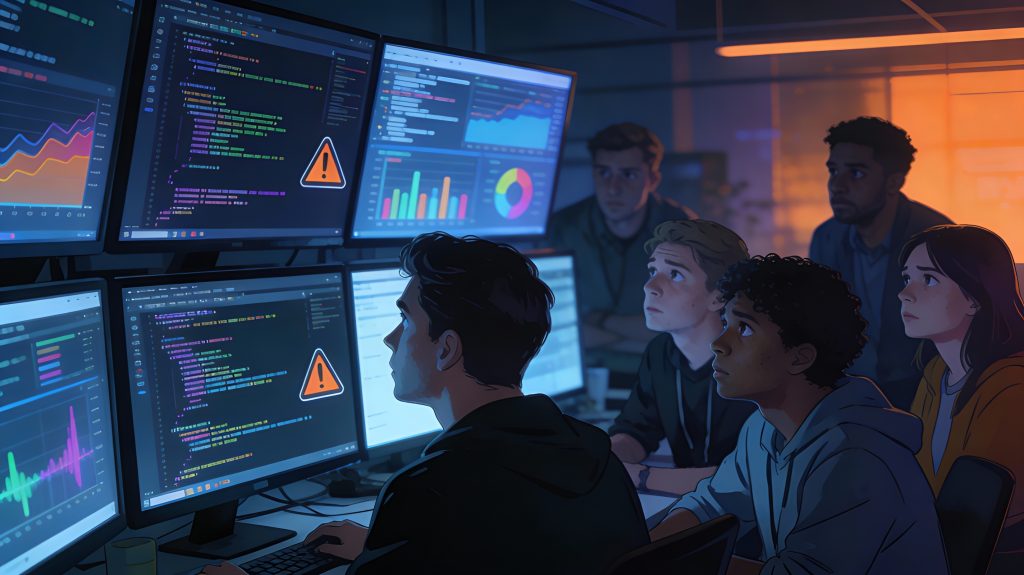 Group of software developers reviewing AI-generated code on multiple monitors in a modern office