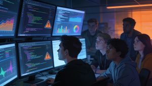 Group of software developers reviewing AI-generated code on multiple monitors in a modern office