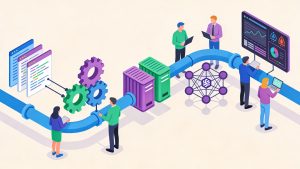 Illustration of a DevOps pipeline showing code, automation, containers, and monitoring tools connected in a continuous delivery loop.