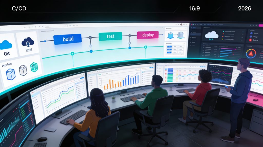 Illustration of DevOps engineers using modern CI/CD, cloud, and monitoring tools in 2026.