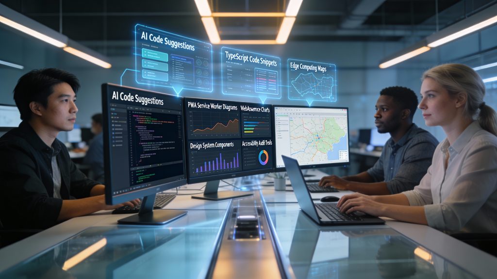 eam of frontend developers collaborating in a modern office with code, AI tools, and performance dashboards on large screens