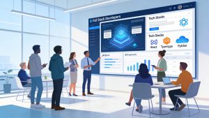 Full stack developers reviewing hiring trends and target companies for 2026 on laptops and a large dashboard screen
