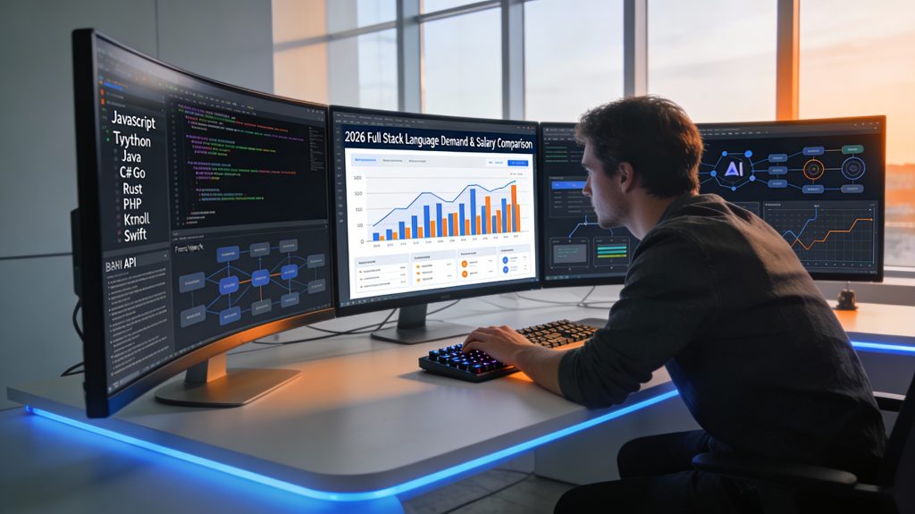 Developer reviewing charts of the most popular programming languages for full stack development in 2026 on multiple screens