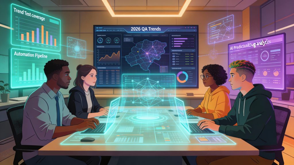 Software testing team analyzing 2026 QA trends with AI and automation dashboards