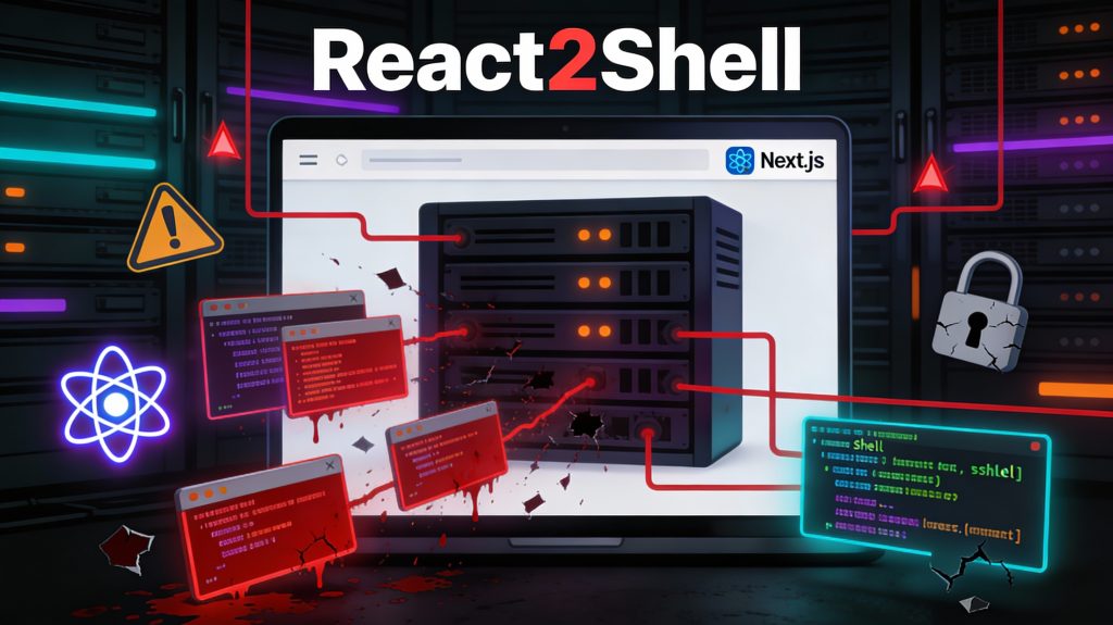 Visual depiction of the React2Shell vulnerability exploiting frontend frameworks like React and Next.js.