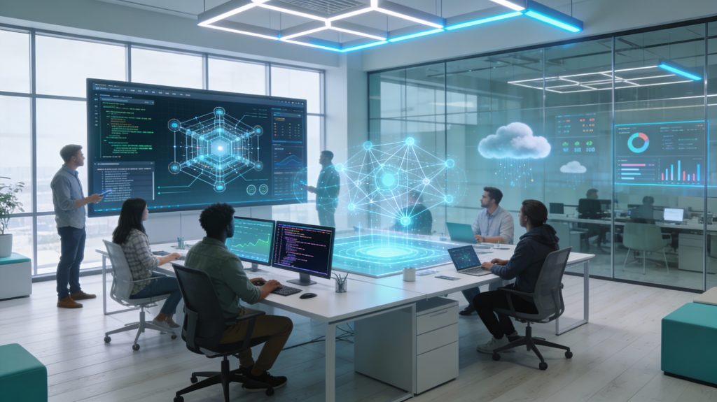 Group of technology professionals collaborating in a modern office with AI and data visualizations on large screens