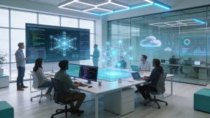 Group of technology professionals collaborating in a modern office with AI and data visualizations on large screens