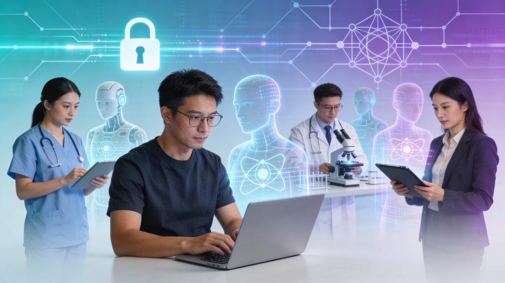 Illustration of AI agents collaborating with professionals across healthcare, software development and scientific research in 2026.