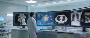 Radiologist analyzing MRI scans with AI software for precision diagnosis