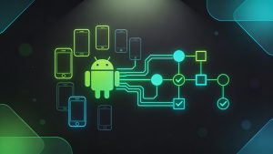Illustration of an Android testing workflow showing unit tests, mocked dependencies, and device-based regression testing in a continuous integration pipeline.