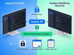Diagram showing Angular front end communicating securely with a WordPress back end via GraphQL and JWT