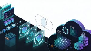 Abstract illustration of a secure CI/CD pipeline connecting cloud infrastructure, compliance checks, monitoring, and identity-based access controls.