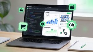 E-commerce developer optimizing a Shopify store with performance and coding tools on a laptop