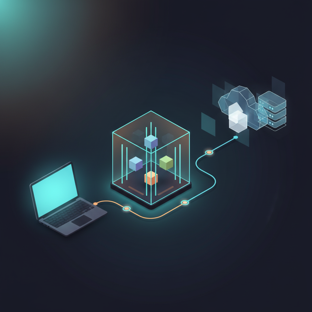 Abstract illustration of containerized applications flowing through a DevOps pipeline from development to testing and production deployment.