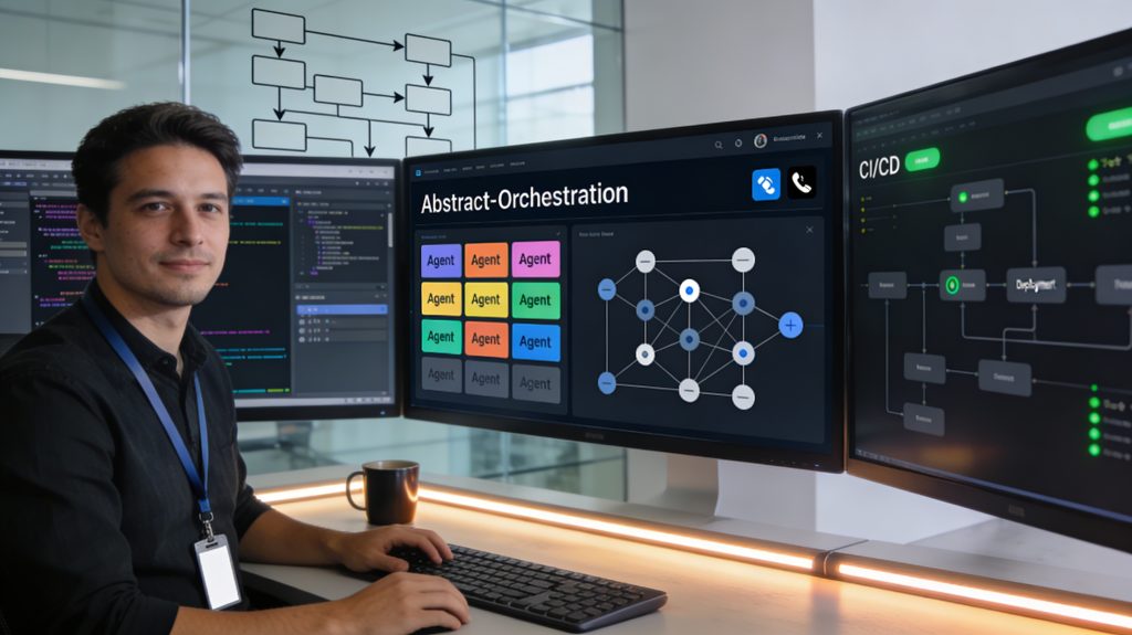 Software engineer monitoring multiple AI coding agents, automated tests, and deployment workflows in a production engineering environment.