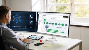 Software engineer using an AI-assisted coding environment to automate reviews, tests, and CI workflows before production release.