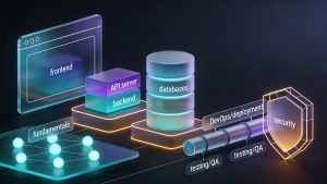 Abstract illustration of a full-stack roadmap showing frontend, backend, database, testing, and deployment stages connected in a continuous workflow.