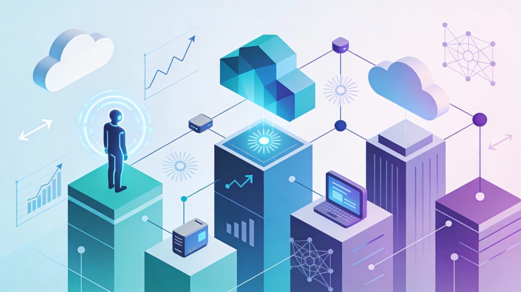 Abstract illustration showing interconnected AI icons, data flows and business professionals representing major AI trends transforming enterprises in 2026.