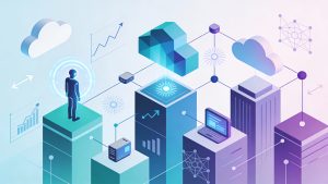 Abstract illustration showing interconnected AI icons, data flows and business professionals representing major AI trends transforming enterprises in 2026.