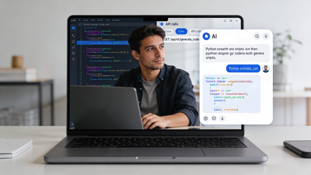 Developer using an AI-powered virtual assistant to generate Python code on a laptop