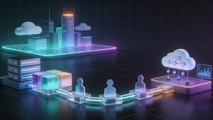 Abstract illustration of enterprise digital transformation showing agile delivery, DevOps pipelines, cloud infrastructure, and on-demand team collaboration.