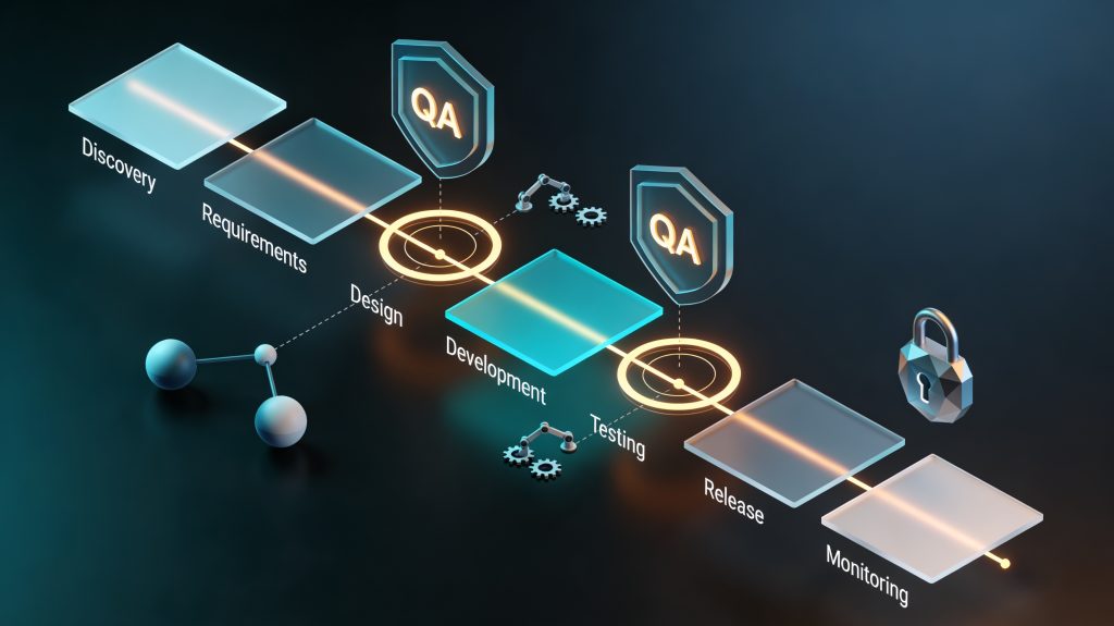 Illustration of a product development workflow with continuous QA checkpoints, automated testing, peer reviews, and release quality gates.