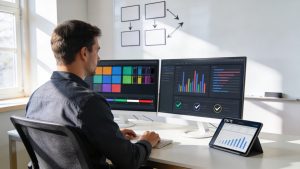 Engineer validating AI-generated code with automated tests and system design review