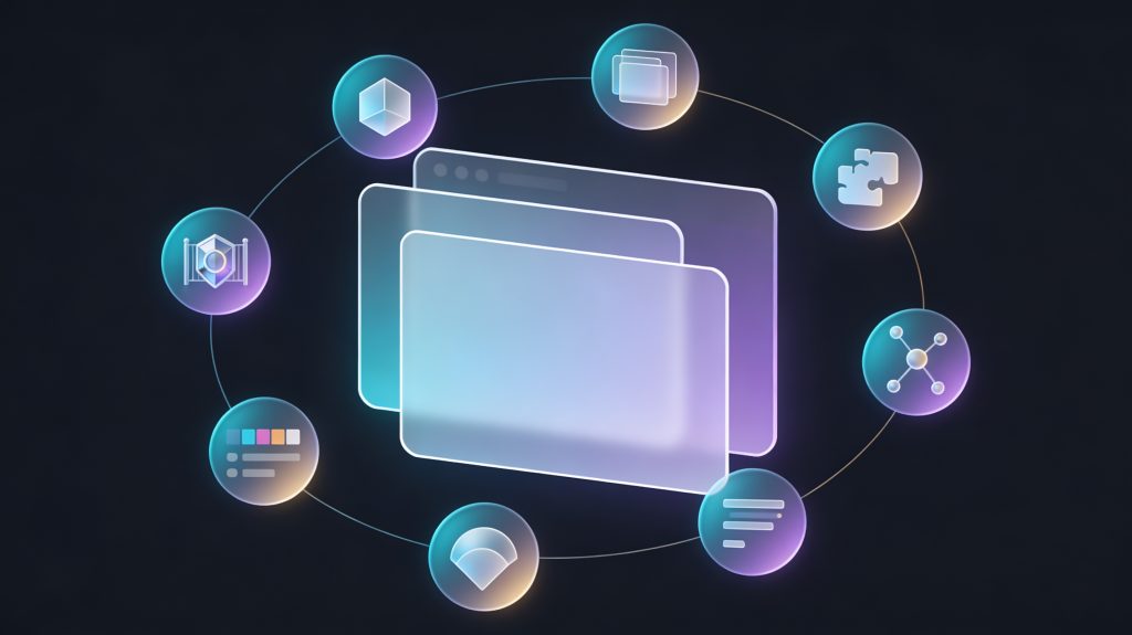 Abstract illustration of modern web development showing AI workflows, meta-framework architecture, edge deployment, TypeScript, and security checkpoints.