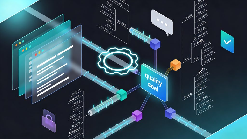 Abstract illustration of cross-functional teams improving source code quality through automated checks and shared quality gates.