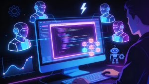 Illustration of a developer using a desktop app where multiple AI coding agents collaborate around a central code editor.