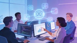 Illustration of software engineers and white-collar professionals collaborating with AI tools in a modern digital workspace