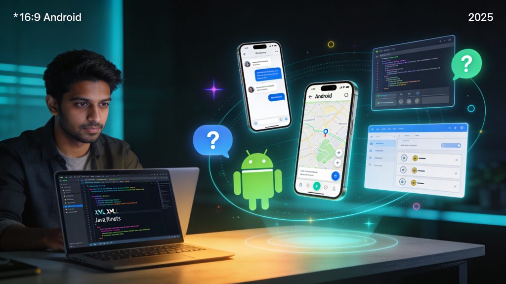 Illustration of an Android developer preparing for an interview, with Android app screens, code editor, and question icons representing basic to advanced Android interview questions in 2026