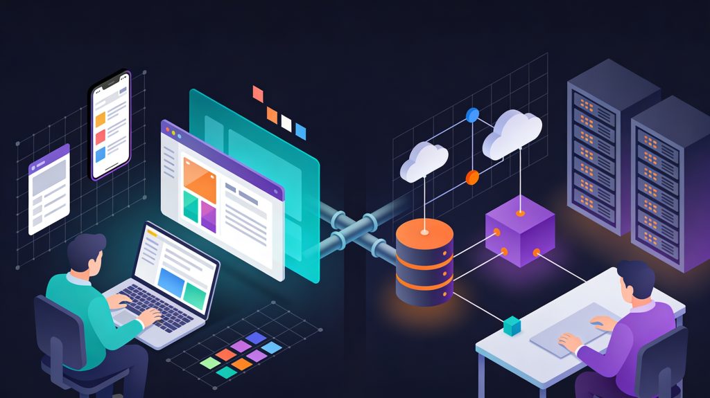 Illustration showing an application developer working on UI screens for mobile and web apps beside a software developer designing system architecture, servers, and backend code