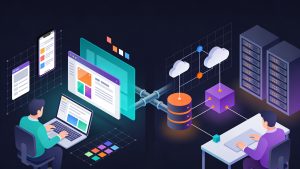 Illustration showing an application developer working on UI screens for mobile and web apps beside a software developer designing system architecture, servers, and backend code