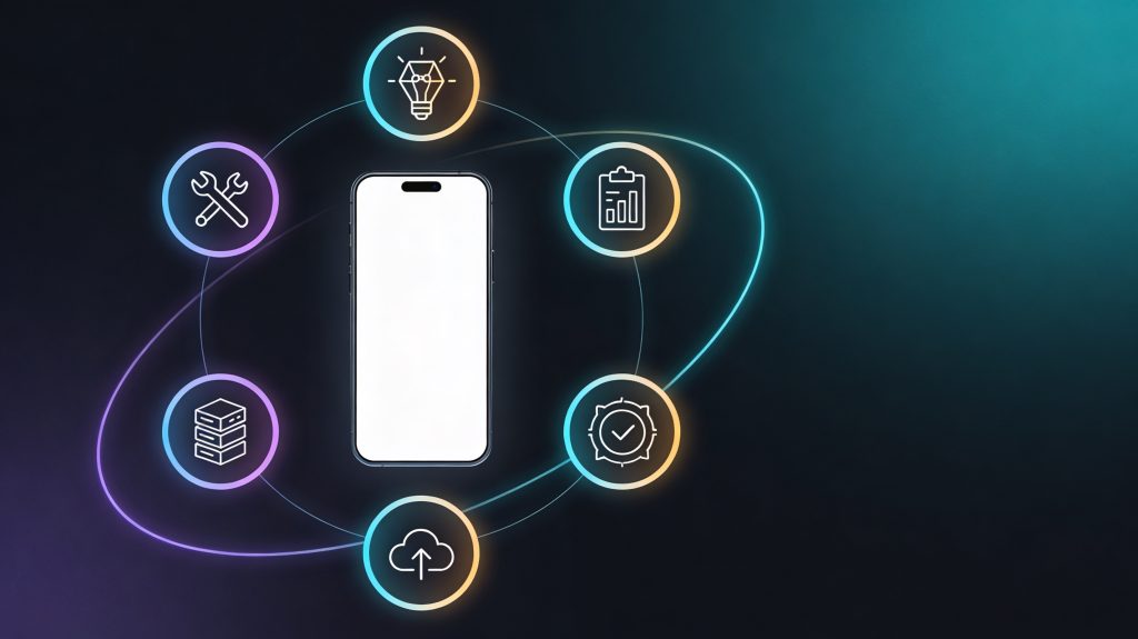 Illustration of the app development lifecycle showing stages like idea, planning, UI/UX design, coding, testing, deployment, and maintenance connected in a circular flow around a mobile app screen