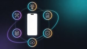 Illustration of the app development lifecycle showing stages like idea, planning, UI/UX design, coding, testing, deployment, and maintenance connected in a circular flow around a mobile app screen