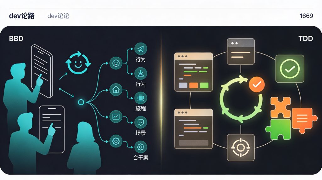 Illustration comparing BDD and TDD with user-focused scenarios on one side and unit tests and code on the other, representing behavior-driven and test-driven development