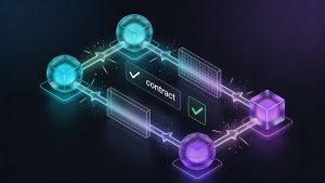 Illustration of microservices connected by APIs with checkmarks and contracts between consumer and provider services, representing contract testing and reliable communication