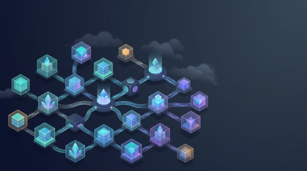 Illustration of data mesh architecture showing interconnected domain data nodes and pipelines, representing decentralized ownership and data as a product across teams