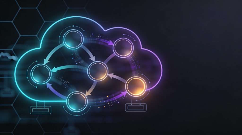 Diagram of a distributed system with multiple nodes asynchronously syncing data over time, illustrating eventual consistency in microservices and cloud architectures