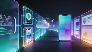 Illustration showing a mobile developer roadmap with icons for coding, Android and iOS platforms, cloud, AI, and UI design leading toward a finished mobile app on a smartphone screen.