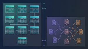 Illustration comparing NewSQL and NoSQL databases with relational tables on one side and flexible JSON documents and distributed nodes on the other, highlighting scalability and consistency differences