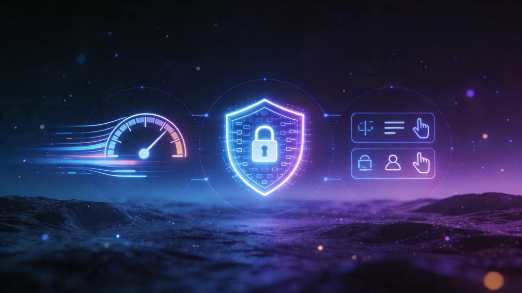 Illustration of non-functional testing showing dashboards, performance gauges, security shields, and multiple devices representing performance, security, and usability checks on a software system