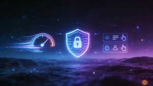 Illustration of non-functional testing showing dashboards, performance gauges, security shields, and multiple devices representing performance, security, and usability checks on a software system