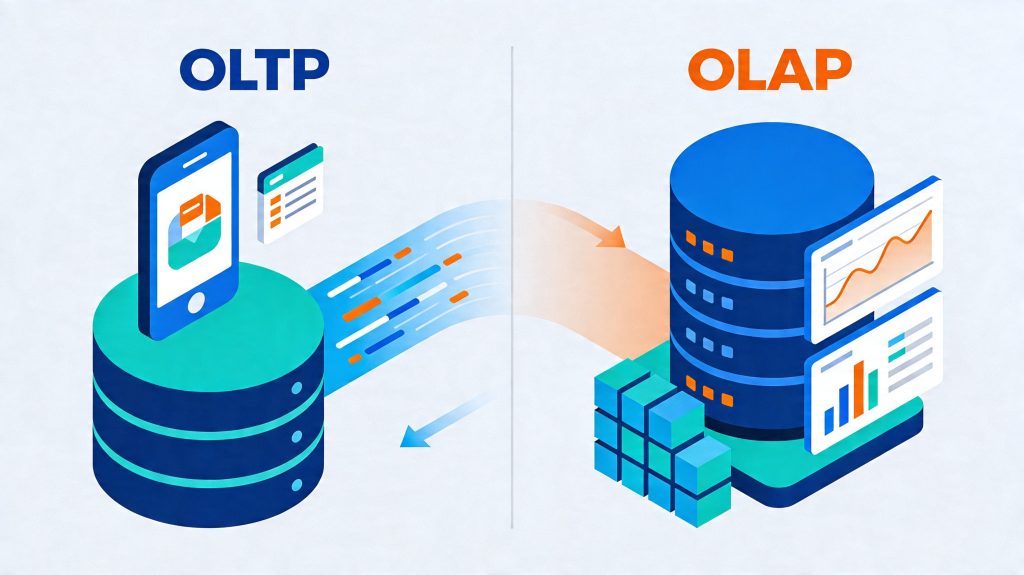 Diagram comparing OLAP and OLTP systems showing transactional databases on one side and analytical data warehouses with charts and dashboards on the other