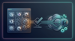 Illustration showing Playwright and Selenium side by side with browser windows, test scripts, and performance icons to represent a comparison of end‑to‑end testing frameworks