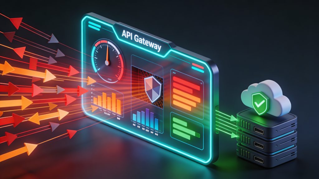 Illustration of an API gateway with request counters, speed gauges, and shield icons representing rate limiting protecting servers from excessive API traffic